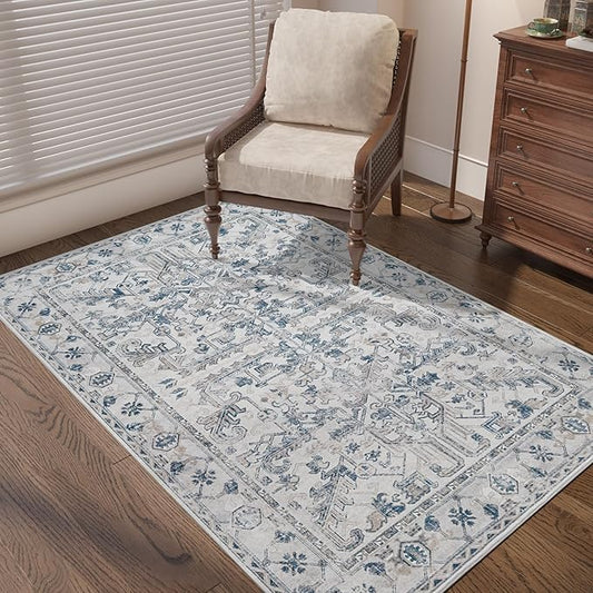 jinchan Vintage Area Rug 3x5 for Entryway - Machine Washable Stain Resistant Non-Slip Low Pile Ultra-Thin Floral Print Indoor Rug for Kitchen Bedroom Living Room (3x5ft,Blue)
