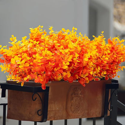 12 Bundles Eucalyptus Leaves Boxwood Artificial Mums for Outdoors/Indoors, Faux Mums for Outdoor Planters, Fall Fake Flowers for Decoration Garden Porch Window Home Farmhouse(Orange Eucalyptus)