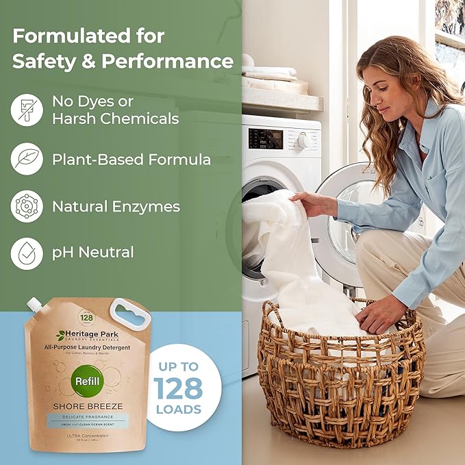 Heritage Park All-Purpose Shore Breeze, Lightly Scented, pH-Neutral Laundry Detergent - Stain-Fighting Enzymes, Ultra Concentrated (64 fl oz Refill Pouch)