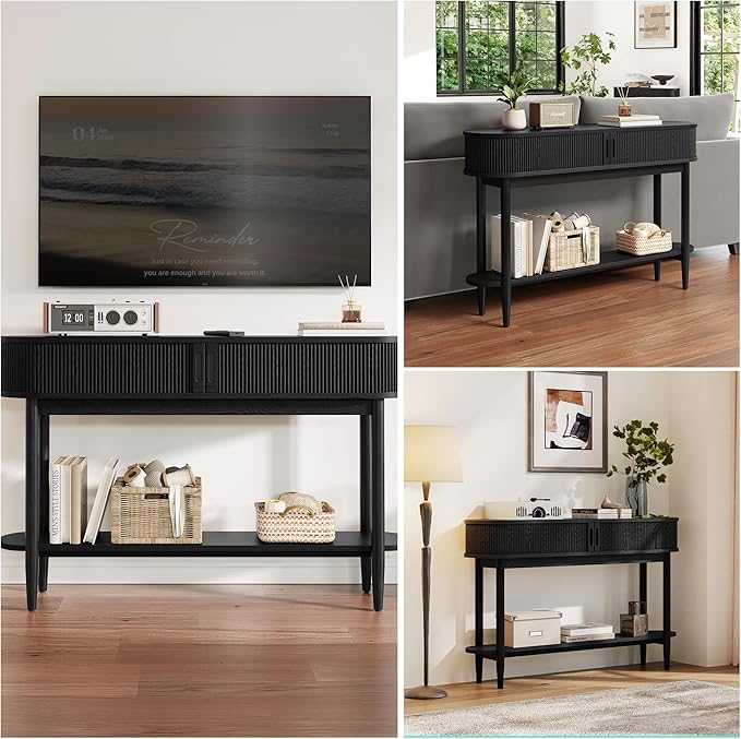 LINSY Fluted Console Table with Storage, Entryway Table Wood Entrance Tables for Front Door, Behind Couch Sofa Table with Shelves, Foyer Tables for Hallways, Living Room (Black)