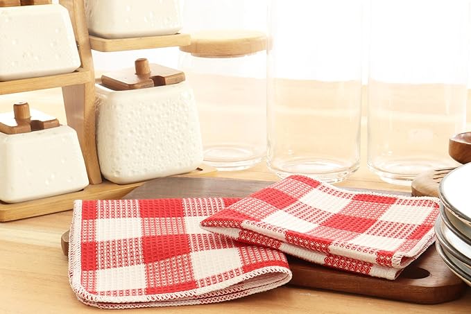 Waffle Weave Plaid Dish Cloths, 100% Cotton - 12 x 12 Inches, Ultra Soft Absorbent Quick Drying Dish Towels Buffalo Check Dish Rags for Kitchen, 8 Pack - Fall Thanksgiving - Red & White