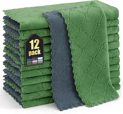 Homaxy 12 Pack Kitchen Cloths Dish Towels (10" x 10", Dark Grey & Grass Green), Super Soft and Absorbent Dish Cloths, Coral Velvet Microfiber Cleaning Cloth, Nonstick Oil Fast Dry Dishcloths
