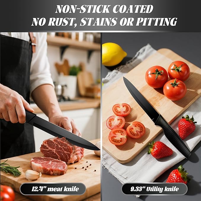 Knife Set, 20 Pcs Kitchen Knife set with block, Sharpener, Finger Guard, Brush, German Stainless Steel, Dishwasher Safe, Anti-slip Handle, Black