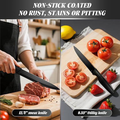 Knife Set, 20 Pcs Kitchen Knife set with block, Sharpener, Finger Guard, Brush, German Stainless Steel, Dishwasher Safe, Anti-slip Handle, Black