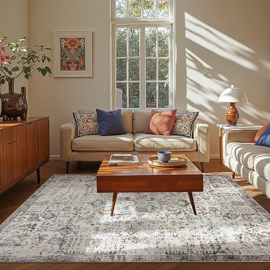 jinchan Area Rug 6x9 Washable Living Room Rug Vintage Indoor Large Floor Cover Retro Accent Mat Distressed Floral Country Boho Non Slip Thin Carpet for Bedroom Kitchen Dining Room Office Blue Multi