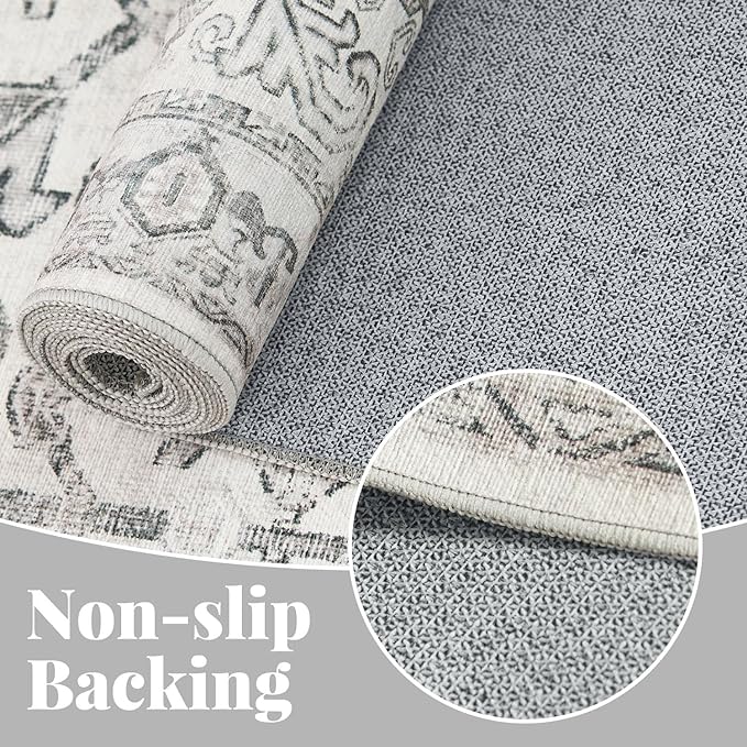 jinchan Runner Rug 2x6 - Vintage Hallway Machine Washable Rug Floral Non Slip with Rubber Backing Ultra-Thin Carpet Runner for Kitchen Bedroom Laundry Room Farmhouse Entryway (2x6ft,Grey)
