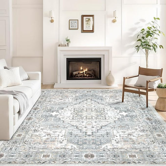 Area Rug 9×12 Washable Rugs for Bedroom, Vintage Floral Rug Soft Non Slip Stain Resistant Carpet for Living Room Dinning Room Kitchen Home Office Blue Green Multi