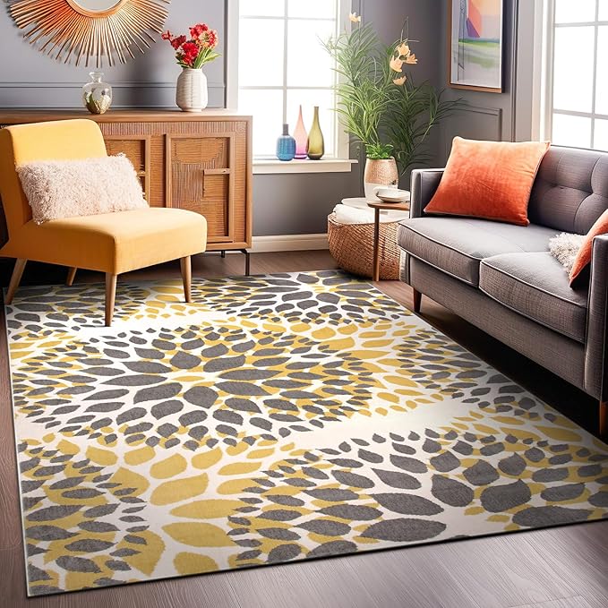Rugshop Modern Yellow Floral Circles Design Area Rug – Elegant Non-Shedding, 6'6" x 9' for Living Room, Bedroom, Dining Room, Kitchen