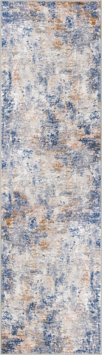 Modern Abstract Runner Rug for Bedroom 2x7, Grey Blue Orange Multi Washable Kitchen Runner, Non-Slip Soft Thin Faux Wool Mat for Entryway, Hallway, Laundry Room Indoor