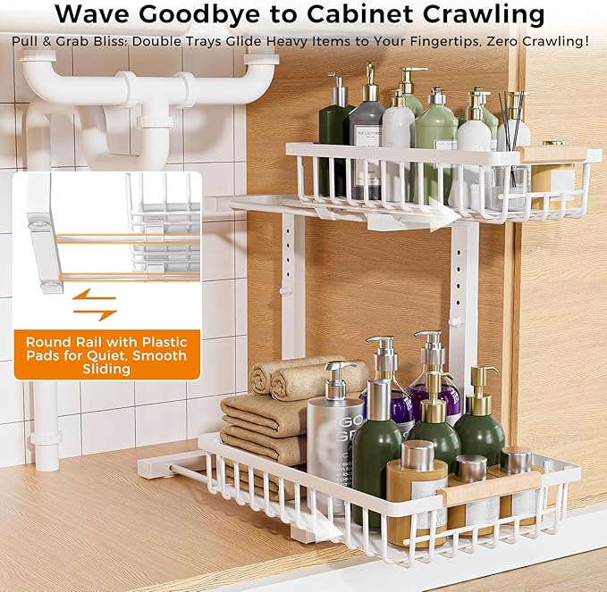 Under Sink Organizer,2 Pack 2 Tier Under Sink Organizers and Storage,Slide Out Pull Out Cabinet Organizer Shelf,Metal Sliding Drawer for Kitchen Bathroom Pantry Cabinet Closet Organization Rack White