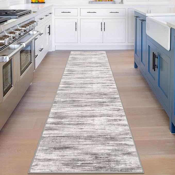 KOZYFLY Modern Abstract Washable Rug Runner 2x8 Hallway Runner Rug Non-Slip Soft Kitchen Runner Rugs, Print Grey-Beige Striped Carpet Runner for Entryway Bathroom Laundry Room Foyer