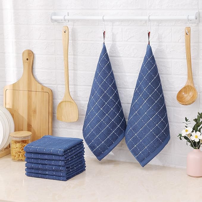 Mordimy 100% Cotton Terry Cloth Dish Cloths, Soft and Absorbent Checkered Dish Towels, Quick Drying Dish Rags for Washing Dishes, 12 Pack, 12 x 12 Inches, Navy