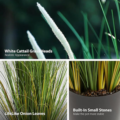 KOL 4ft 2-Pack Artificial Cattail Reed Grass, 47.2’’ Artificial Indoor Outdoor Fake Onion Grass Plant, Home Office Wedding Decorative Potted Plant, Faux Floor Greenery, Housewarming Gift, White