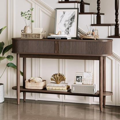 LINSY Fluted Console Table with Storage, Entryway Table Wood Entrance Tables for Front Door, Behind Couch Sofa Table with Shelves, Foyer Tables for Hallways, Living Room Vintage Furniture, Walnut