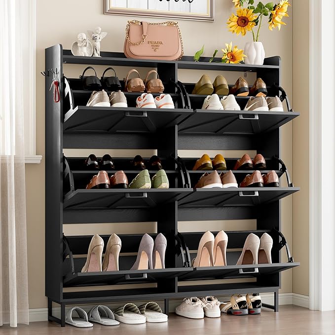 Shoe Cabinet with 6 Flip Drawers Narrow Shoe Storage Cabinet Organizer Wooden Freestanding Shoe Rack Hidden Slim Shoes Storage Cabinet for Entryway, Hallway, Living Room, Bedroom