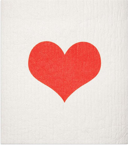 Swedish Dishcloths 2 Pack Red Heart Print Reusable Sponges Kitchen Cleaning Cloth Dish Scrubber, Machine Washable, Measures 7.87”x6.88 inches.