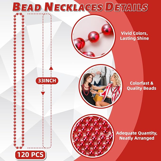 YAXINRUI 120 PCS Red Bead Necklaces, Red Mardi Gras Beads Christmas Necklace, Valentine Necklaces, 33 Inch Round Beaded Necklace for Mardi Gras Christmas Valentine Festive Events, Party Favors
