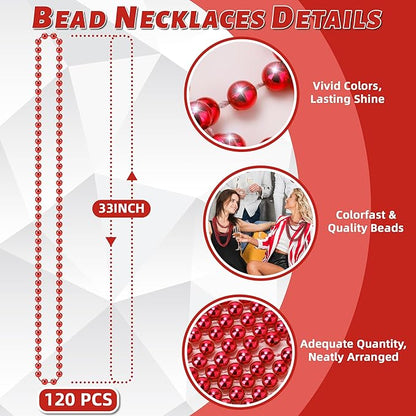 YAXINRUI 120 PCS Red Bead Necklaces, Red Mardi Gras Beads Christmas Necklace, Valentine Necklaces, 33 Inch Round Beaded Necklace for Mardi Gras Christmas Valentine Festive Events, Party Favors