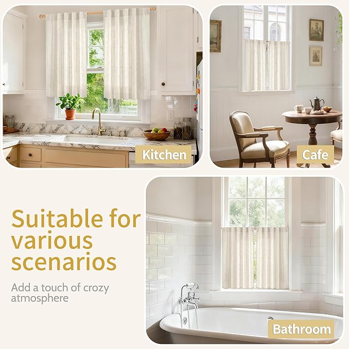 YoungsTex 36 Inch Length Linen Cafe Curtains for Small Windows, Farmhouse Kitchen Drapes Light Filtering with Rod Pocket Back Tab Semi Sheer for Bathroom Window, 2 Panels, 42 X 36 Inch