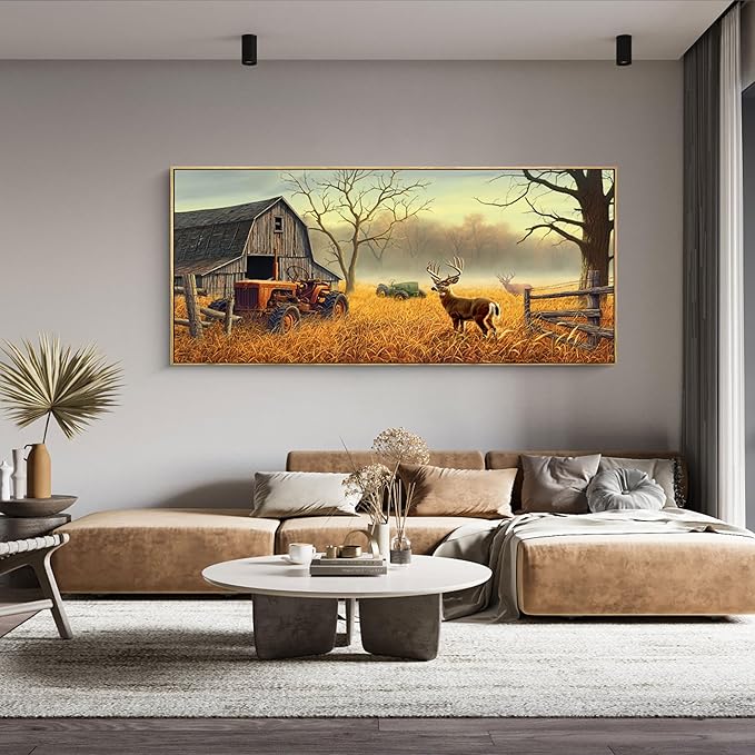 XLSJERST Deer Wall Art for Living Room Canvas Prints Decor Country Tractor Rustic Wildlife Cabin Hunting Picture Glass Surface Artwork for Bedroom Home Office 86x39 Inches