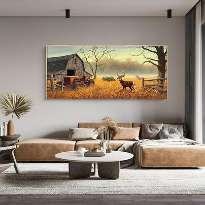 XLSJERST Deer Wall Art for Living Room Canvas Prints Decor Country Tractor Rustic Wildlife Cabin Hunting Picture Glass Surface Artwork for Bedroom Home Office 86x39 Inches
