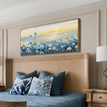 amatop Large Framed Wall Art for Living Room Bedroom Office Decor, Modern Beach Canvas Wall Art Coastal Ocean Nature Blue Artwork Floral Sunrise/Sunset Zen Landscape Flower Wall Picture 48"x24"