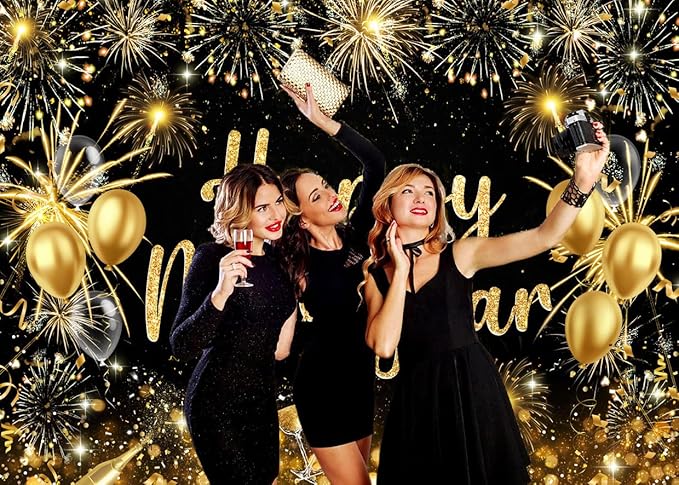AIIKES 82.6x59 Inches Happy New Year Backdrop Gold Fireworks New Year Party Decoration XY238