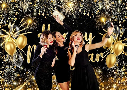 AIIKES 82.6x59 Inches Happy New Year Backdrop Gold Fireworks New Year Party Decoration XY238