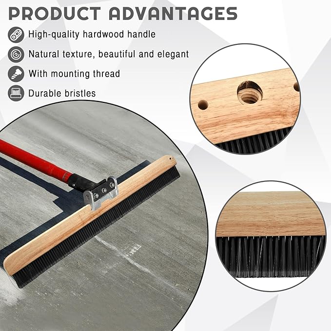 1 Pack 36 Inch Concrete Broom Finishing Tools Without Handle Wood Backed Black Brush with Mounting Threads for Concrete Finishes Hard Floors Yards (PET Bristles)