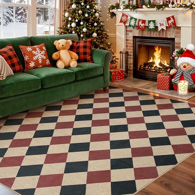 Lahome Christmas Rugs for Living Room, 8x10 Christmas Decorations Red and Black Rug, Checkered Outdoor Non Slip Non Shedding Xmas Decor for Bedroom Dining Room Deck