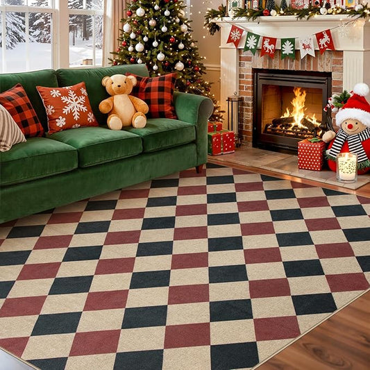Lahome Christmas Rugs for Living Room, 8x10 Christmas Decorations Red and Black Rug, Checkered Outdoor Non Slip Non Shedding Xmas Decor for Bedroom Dining Room Deck