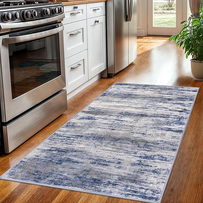 KOZYFLY 3x5 Area Rug Modern Ombre Rug for Bedroom, Washable Rug Non-Slip Soft Striped Living Room Area Rug, Print Grey-Blue Abstract Carpet for Laundry Nursery