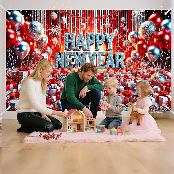 Nuxovilar Happy New Year Banner, Red Blue Balloons Dense Backdrop for Party Decorations, 71x43 Inch