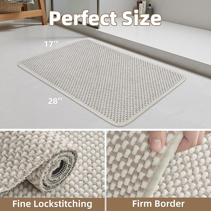 PADOOR-Bath Mat-Super Absorbent Chenille Bathroom Mats-Rubber Backed Bath Mats for Bathroom Non Slip, Easy Clean Bathroom Rugs Front of Bathtub,Shower Room,Sink-17×28, Beige&Cream