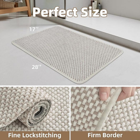PADOOR-Bath Mat-Super Absorbent Chenille Bathroom Mats-Rubber Backed Bath Mats for Bathroom Non Slip, Easy Clean Bathroom Rugs Front of Bathtub,Shower Room,Sink-17×28, Beige&Cream