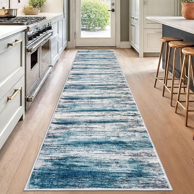 KOZYFLY Modern Abstract Hallway Runner Rug, 2.6x12 Washable Rug Runner Non-Slip Soft Striped Kitchen Runner Rugs, Print Blue Carpet Runner for Entryway Bathroom Laundry Room Foyer