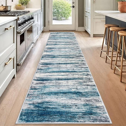 KOZYFLY Modern Abstract Hallway Runner Rug, 2.6x12 Washable Rug Runner Non-Slip Soft Striped Kitchen Runner Rugs, Print Blue Carpet Runner for Entryway Bathroom Laundry Room Foyer