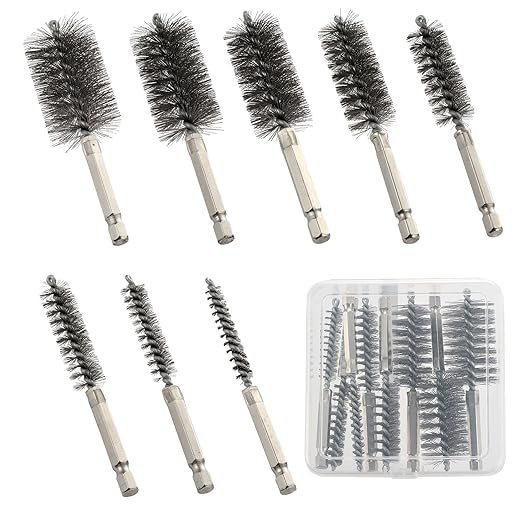 MAXMAN Stainless Steel Bore Brush, 8pcs Wire Brush for Drill, Durable Metal Bristles Twisted, 8 Size Set Multiple Diameter Options, 1/4 Inch Hex Shank, for Power Drill Impact Driver & Tube Cleaning