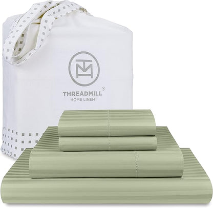 Threadmill 100% Cotton Sheets for Full Size Bed - 600 Thread Count Full Bed Sheets Set with 16” Deep Pocket - Damask Stripe Sateen Weave 4-Piece Bedding Set with Cooling Effect, Sage Green
