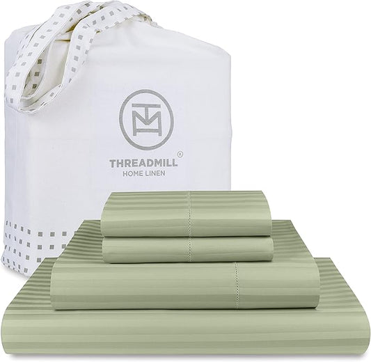 Threadmill 100% Cotton Sheets for Full Size Bed - 600 Thread Count Full Bed Sheets Set with 16” Deep Pocket - Damask Stripe Sateen Weave 4-Piece Bedding Set with Cooling Effect, Sage Green