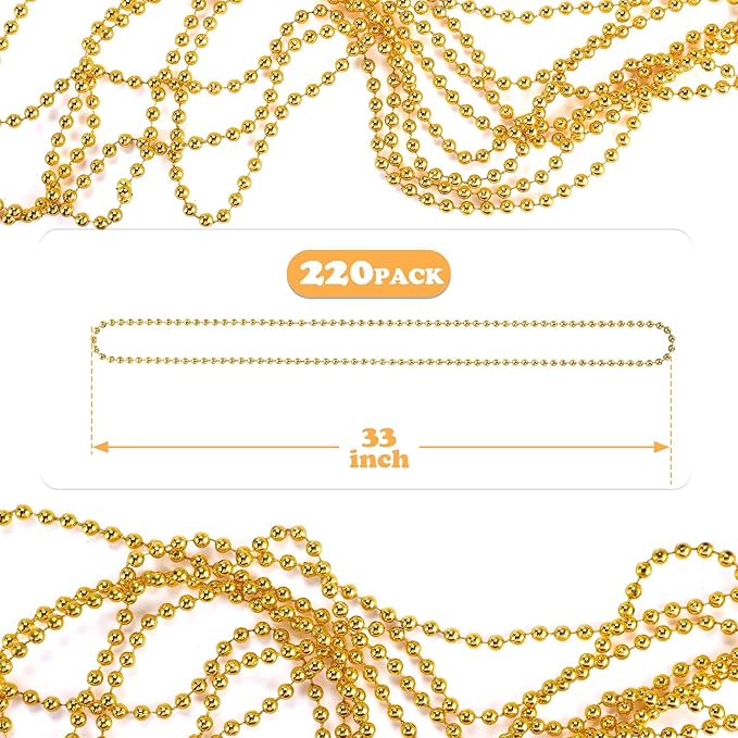 220 PCS Gold Bead Necklace, 33 Inch Mardi Gras Christmas Beads, Bulk Metallic Party Beads for Mardi Gras Parade, St Patricks Day, Wedding, Birthday, Pirate Party, Carnival Party Favors