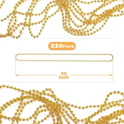 220 PCS Gold Bead Necklace, 33 Inch Mardi Gras Christmas Beads, Bulk Metallic Party Beads for Mardi Gras Parade, St Patricks Day, Wedding, Birthday, Pirate Party, Carnival Party Favors