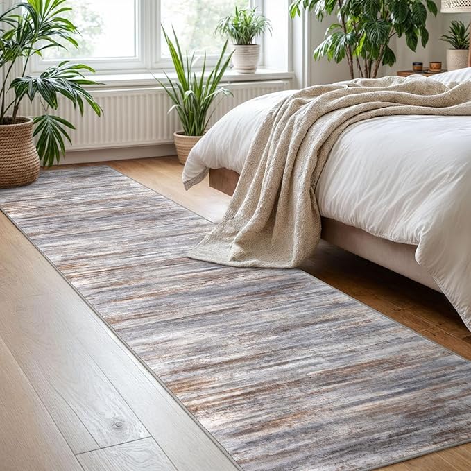 KOZYFLY Modern Abstract Hallway Runner Rug, 2x8 Kitchen Rugs Non-Slip Washable Soft Striped Kitchen Runner Rugs, Print Grey Brown Carpet Runner for Entryway Bathroom Laundry Room Foyer