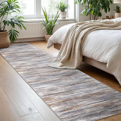 KOZYFLY Modern Abstract Hallway Runner Rug, 2x8 Kitchen Rugs Non-Slip Washable Soft Striped Kitchen Runner Rugs, Print Grey Brown Carpet Runner for Entryway Bathroom Laundry Room Foyer