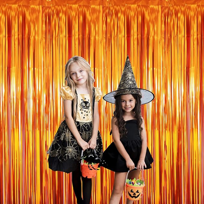 GOER 3.2 ft x 8.2 ft Metallic Tinsel Foil Fringe Curtains Party Photo Backdrop Party Streamers for Birthday,Graduation,New Year Eve Decorations Wedding Decor (3 Packs,Orange)