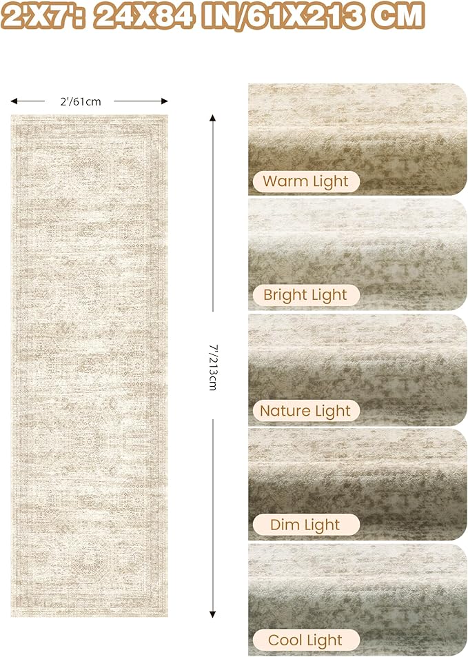 2x7 Runner Rug Non Slip, Thin Entryway Washable Rug for Entryway, Runners for Hallways, Low Pile Vintage Abstract Soft Rugs for Living Room, Kitchen, Bedroom(2'x7', Beige/Ivory)