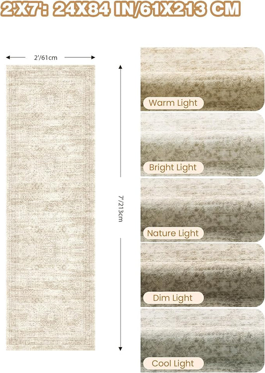 2x7 Runner Rug Non Slip, Thin Entryway Washable Rug for Entryway, Runners for Hallways, Low Pile Vintage Abstract Soft Rugs for Living Room, Kitchen, Bedroom(2'x7', Beige/Ivory)