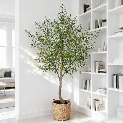 Fake Tree Faux Olive Tree Artificial Olive Trees Artificial Indoor Realistic Potted Silk Indoor Large Fruit for Home Offices, Living Rooms, Bedrooms, Stairs and Foyer Decor (8 Ft Leaf Type)