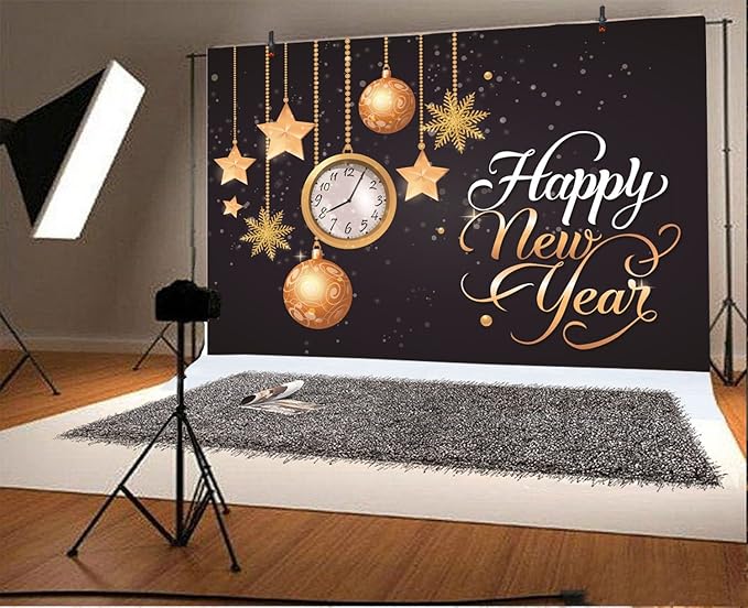 Leyiyi 10x8ft Happy New Year Backdrop Clock Vintage Eve Party Bokeh Halo Banner Snowflake Glitter Sequin Luxury Star Photo Background Merry Christmas Portrait Shoot Vinyl Studio Prop