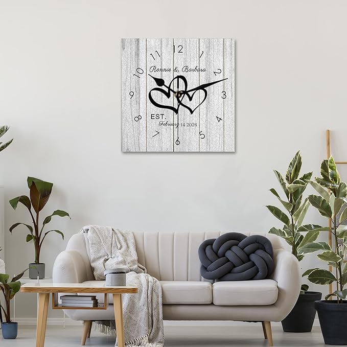 Personalized Couples Square Wall Clock with Name Date, Custom Farmhouse Wall Clock for Living Room Kitchen Bathroom, Home Decor Gifts for Christmas Birthday Valentine's Anniversary Wedding